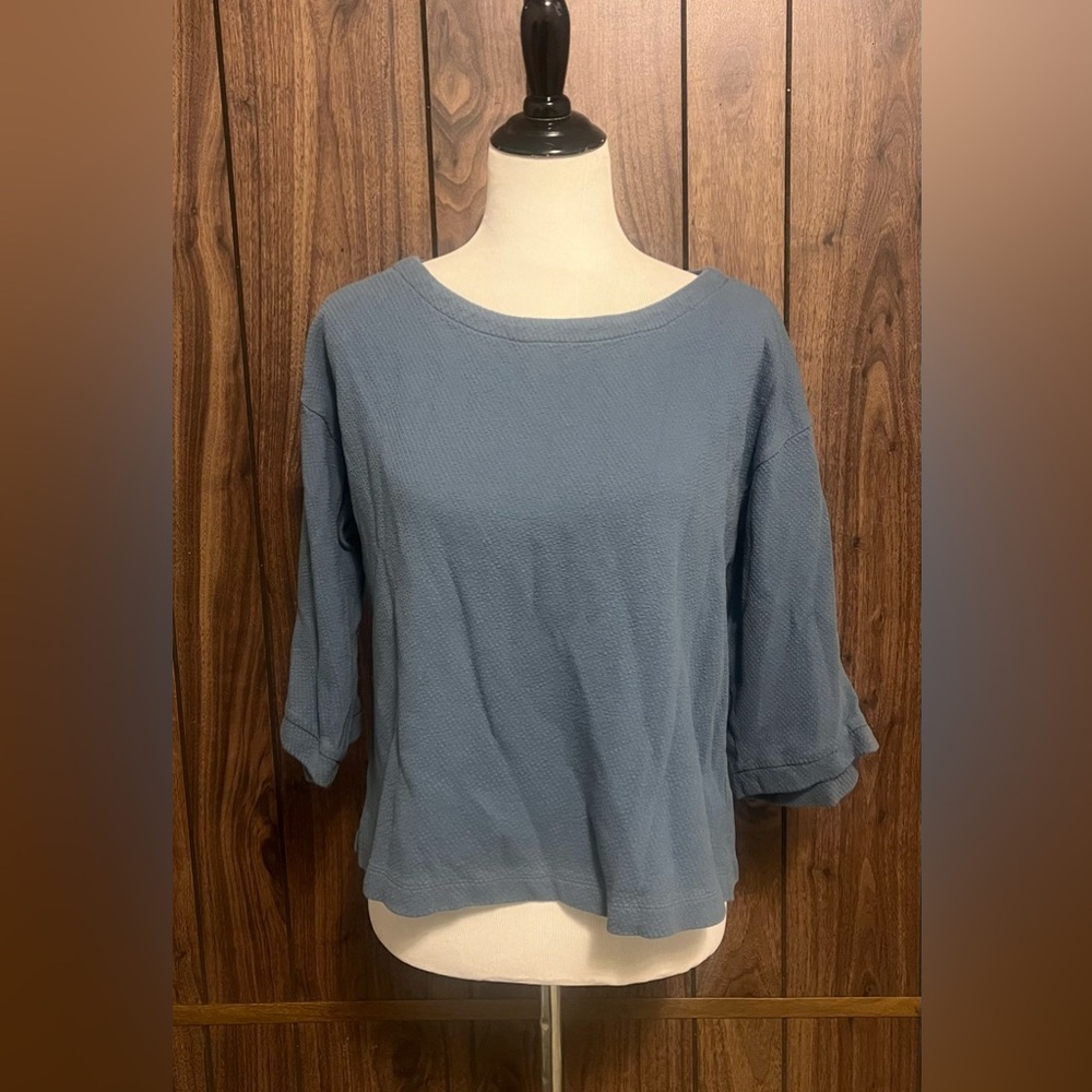 Eileen Fisher Blue Pullover Boat Neck 3/4 Sleeve 65% Organic Cotton Top Sz M